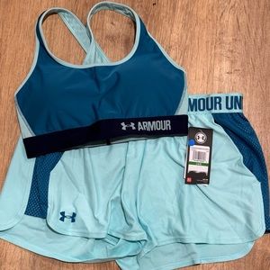 Under Armor sports bra and shorts workout set! Shorts still have the tags on.
